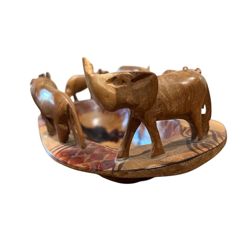African Safari Animal Hand Carved Wood Bowl 12"w x 5 7/8"d x 4"h - Picture 12 of 16